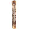 Overhead view of a dark brown mango wood incense holder, featuring a central ash-catching channel flanked by carved star motifs, an elephant design at one end, and an incense stick hole at the top.