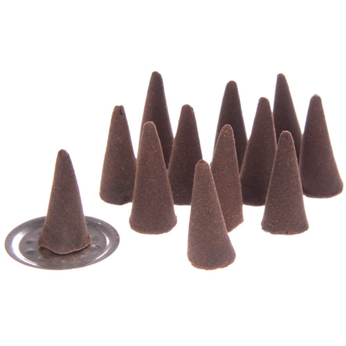 Angled view of a cluster of dark brown incense cones, one resting on a round, silver-coloured metal holder, on a white background.