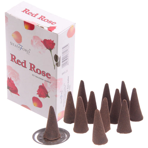 White product box for Red Rose incense cones, featuring red rose imagery and text, displayed next to a group of dark brown conical incense cones. One cone is positioned on a silver-coloured metallic holder.
