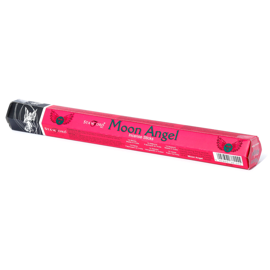 Angled view of a single hot pink and black Moon Angel incense stick packaging, featuring an angel graphic and a winged moon design, with 'Moon Angel' text visible.