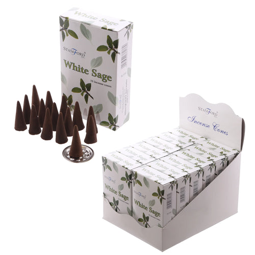 Angled view of a white display carton containing twelve individual white boxes of White Sage incense cones, with a separate white box and several dark brown cones, one resting on a silver-coloured metallic holder.