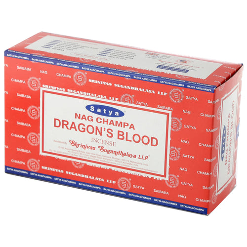Angled front view of a red and white box of Satya Nag Champa Dragon's Blood incense, featuring blue accents and visible details on the top panel including 'Hand Rolled in India'.