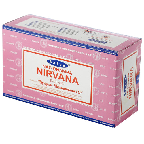 Angled view of a pink cardboard box for Satya Nag Champa Nirvana incense sticks. The prominent white label on the front displays 'Satya Nag Champa Nirvana Incense' in blue and orange text. The top of the box shows a Union Jack flag and text detailing other product types, while visible side panels feature repeating 'Satya Saibaba Nag Champa' lettering.