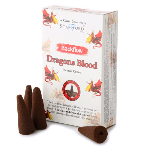 Front view of a white product box for 'Dragons Blood Backflow Incense Cones' featuring red dragon illustrations, with several dark brown conical incense cones in the foreground, one showing a central hole.