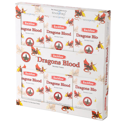 Angled view of a white multipack display box containing backflow incense cones. The box features red fire-breathing dragon illustrations and text 'Dragons Blood Incense Cones'. Visible within the box are individual retail packs, each showing dark, cone-shaped incense cones. The main box clearly states '6 Packs X 12 Incense Cones' on its front.