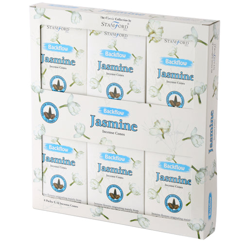 Angled view of a white display box filled with six individual packs of jasmine backflow incense cones. The box and packs are decorated with white jasmine flower illustrations and feature a blue logo depicting backflow cones.