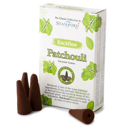 Front view of Stamford Backflow Patchouli incense cones box with green leaf design, next to dark brown cones, one revealing its central backflow hole.