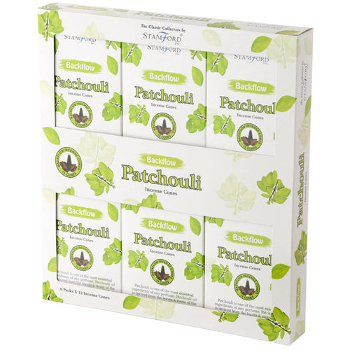 Angled view of a white retail display box containing six individual packs of backflow patchouli incense cones. Each pack is white with green text and leaf designs, and features an illustration of brown backflow cones.