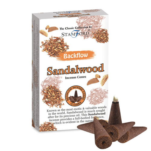 Angled view of a white box of sandalwood backflow incense cones, featuring images of wood shavings and text, with several loose brown backflow incense cones, one displaying a pale tip and a central hole.