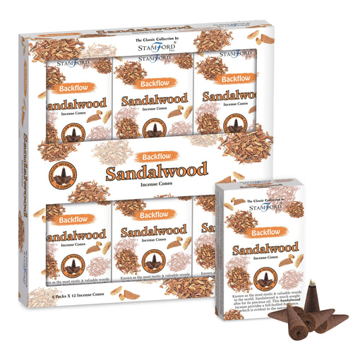 Front view of a large white multi-pack box containing six smaller white boxes of Sandalwood Backflow Incense Cones. An additional individual white box of the same incense and several dark brown conical backflow incense cones are placed next to the main multi-pack. All packaging features illustrations of sandalwood wood chips.