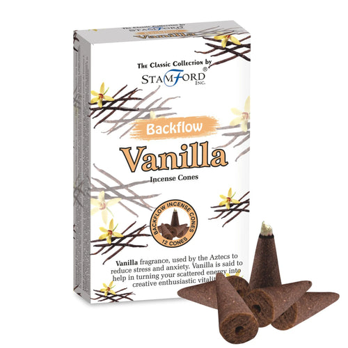 Angled view of a white Stamford Backflow Vanilla Incense Cones box, adorned with vanilla pods and yellow flowers. Several dark brown, cone-shaped incense cones, some showing a base hole, are scattered nearby.