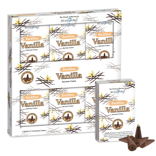 Angled view of a large white display box, marked '6 Packs X 12 Incense Cones', containing multiple individual packets of backflow vanilla incense cones. The packaging features a design of yellow vanilla flowers and brown pods. One separate white packet and several individual dark brown backflow incense cones are also visible.