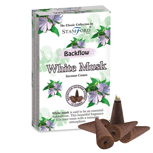 Angled front view of a white box for Backflow White Musk Incense Cones, decorated with a light purple floral pattern. Several brown, conical incense cones, one with a white tip, are displayed beside the packaging.
