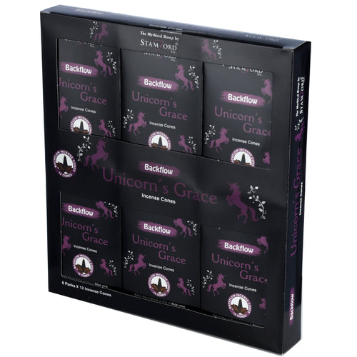 Angled front view of a black Stamford display box, holding six individual packs of Unicorn's Grace backflow incense cones. Each pack features purple text and a mythical unicorn illustration, with a circular incense cone logo. The display box is labelled '6 Packs X 12 Incense Cones'.