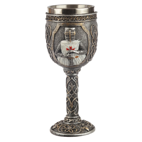 Front view of a decorative Crusader Knight goblet, featuring a metallic pewter-effect finish with gold accents and intricate Celtic knotwork.