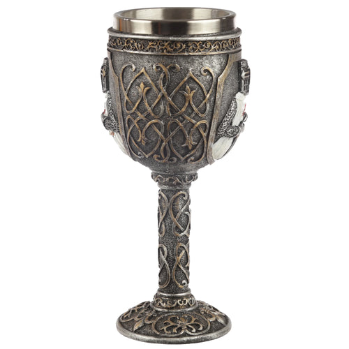 Front view of a decorative Crusader Knight goblet, displaying ornate silver and gold details. The goblet features a textured finish with raised Celtic knot patterns on its bowl, stem, and base, and includes white-clad figures with red emblems on the bowl's sides, topped with a polished metallic inner cup.