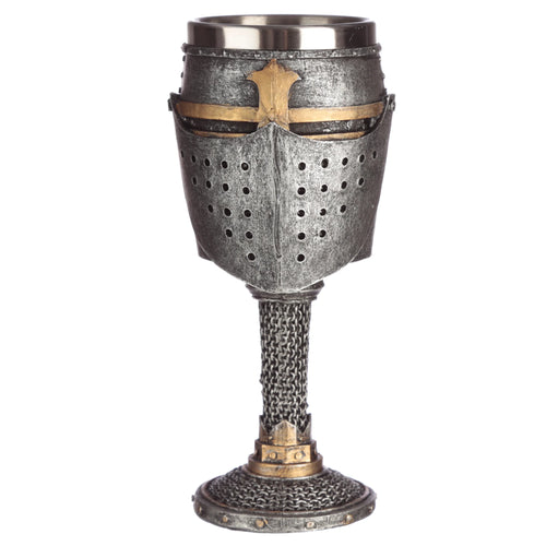 Front view of a decorative medieval goblet, featuring a weathered grey helmet-shaped cup with a gold cross emblem and rows of small holes. It has a textured chain mail stem and base with gold-coloured accents.