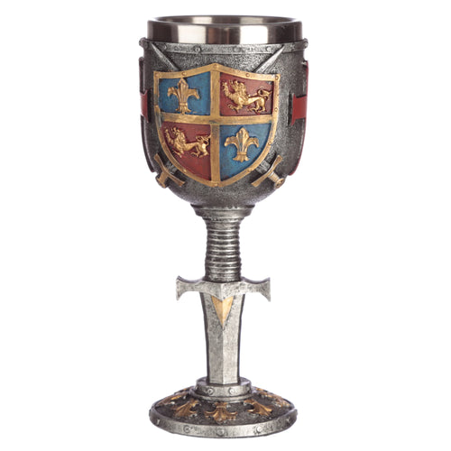 Front view of a decorative silver-toned metal goblet, featuring a prominent coloured coat of arms with gold fleurs-de-lis and lions rampant on blue and red quarters, a sword-shaped stem, and an ornate golden base.