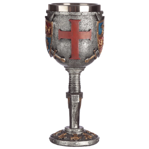 Full view of a Decorative Coat of Arms and Sword Goblet, featuring a central red cross, gold swords, heraldic shields, and ornate gold-coloured details on a textured silver finish.