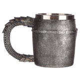 Decorative medieval tankard showcasing its dark grey, metallic-effect body with riveted bands and a detailed chain mail handle with brass-coloured studs. The tankard has a shiny silver-coloured inner rim.