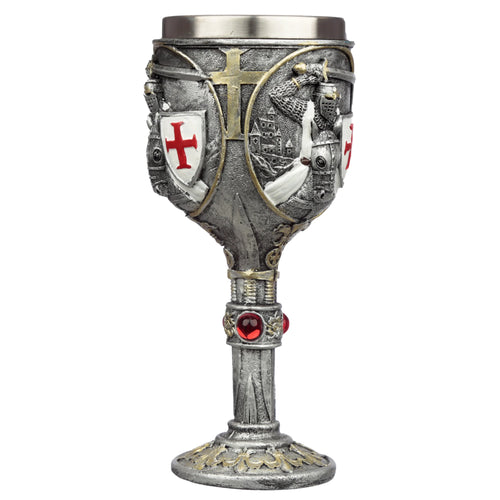 Decorative metallic grey Crusader knight goblet, showing an embossed design of a knight on horseback, red cross shields, a golden cross, and castle details on the cup, with red gem accents on the stem and golden patterns on the base.