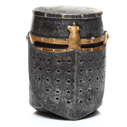Front view of a dark grey Medieval Knight Helmet Ornament, featuring a distressed texture, gold accents, and ventilation holes on the visor.
