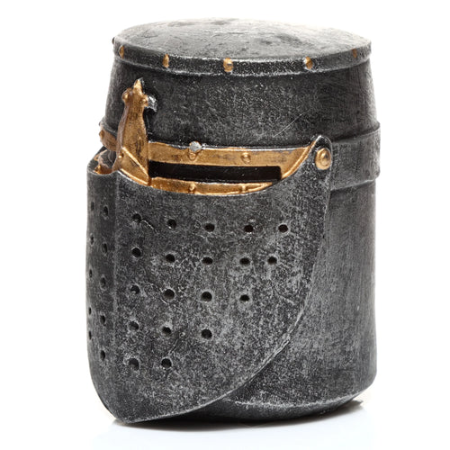 Angled view of a dark grey Medieval Knight Helmet Ornament. The figurine has an aged metallic finish with gold-coloured accents, including a cross motif and a perforated visor.
