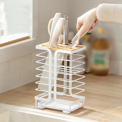 Knife Holder with Bamboo Slot Block - Metal & Bamboo Knife Storage Rack with thoughtful design features