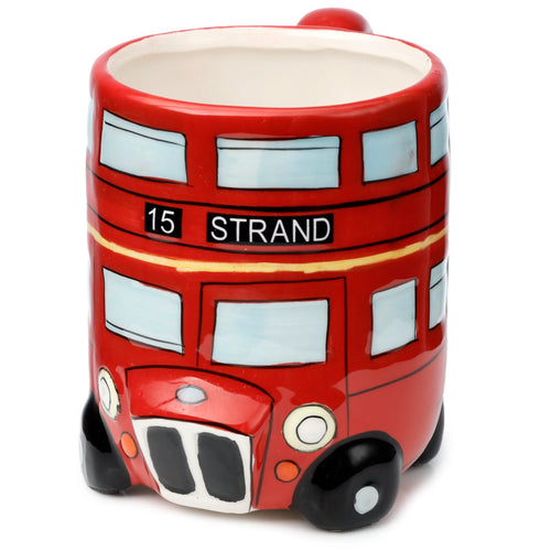 Front view of a red ceramic London Routemaster bus shaped mug with '15 STRAND' on its destination sign.