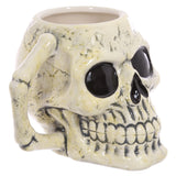 Angled view of an aged bone-coloured ceramic skull mug, showcasing its dark eye sockets, detailed teeth, and a bone-shaped handle.