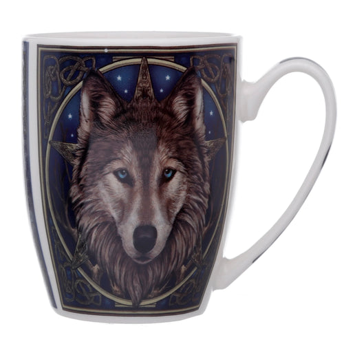 Front view of a white porcelain mug depicting a detailed wolf head design with piercing blue eyes, framed by intricate golden Celtic knotwork against a dark blue starry background.