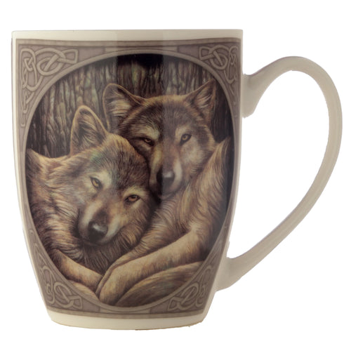 Angled view of a cream porcelain mug, featuring an illustration of two brown-toned wolves embracing in a dark forest setting, framed by an ornate brown Celtic knot border. The mug handle is visible on the right.