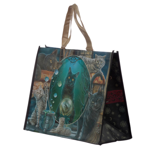 Angled view of a multi-coloured reusable shopping bag featuring a Lisa Parker Magic Cat Montage design, with black and grey cats, a crystal ball, and a cauldron.