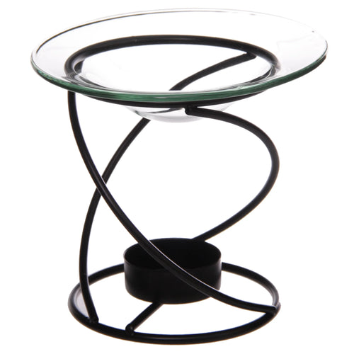 Black thin metal spiral oil and wax burner with a clear glass dish and integrated tealight holder, shown from an angled perspective.