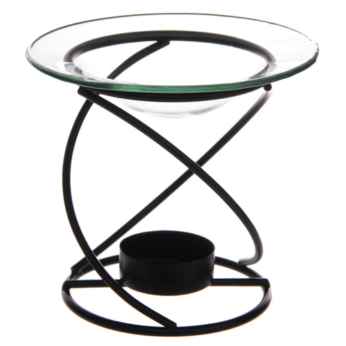 Angled view of a black thin metal spiral oil and wax burner, featuring a clear glass dish and a black tealight holder.