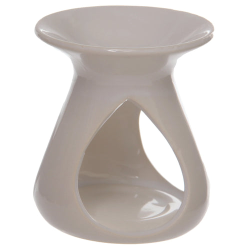 Angled view of a white tear drop ceramic oil and wax burner on a white background, featuring an open arched base and a wide top dish.