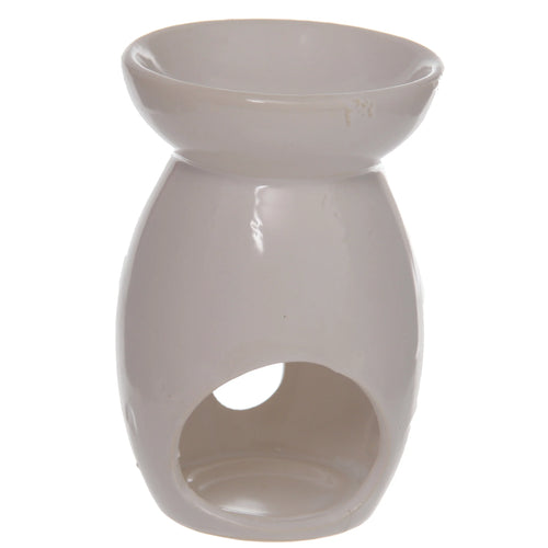 Front view of a white simple ceramic oil and wax burner with a tear drop cut-out.
