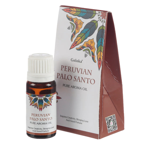 Front view of a 10ml Peruvian Palo Santo aroma oil in an amber glass bottle with a white cap, displayed next to its brown packaging box, both featuring a vibrant feather pattern.