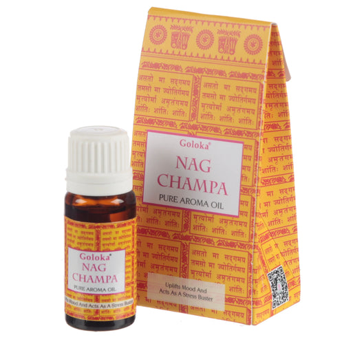 Goloka Nag Champa 10ml aroma oil in an amber glass bottle with a white cap and yellow label, presented alongside its yellow and red patterned packaging box, with the main labels clearly visible.