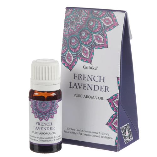 Front view of Goloka French Lavender aroma oil, featuring a small amber glass bottle with a white cap and its matching triangular retail box. Both items display a purple, pink, and teal mandala-inspired design.