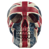 Front view of a skull decoration, painted with the red, white, and blue Union Flag design.