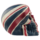 Right-side profile of a skull figurine decorated with a distressed British Union Flag in red, white, and blue, featuring a cracked texture.