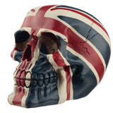 Angled view of a gruesome Union Flag skull decoration, featuring red, white, and blue colours and distressed cracks.
