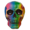Front view of a vibrant multi-coloured rainbow skull ornament, featuring blended colours, dark eye sockets, and teeth.