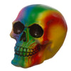 Angled view of a rainbow skull decoration, featuring vibrant rainbow colours, hollow eye sockets, and visible teeth.