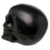 Metallic black skull decoration, angled view showing its right profile, gold-coloured teeth, and fissures on the cranium.
