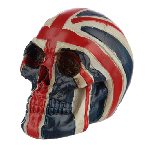 Angled view of a Union Flag skull head decoration, painted in red, white, and blue colours.
