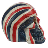 Right side view of a Union Flag skull ornament, featuring a distressed red, white, and blue Union Flag pattern on its textured surface, with the eye socket and jaw visible.