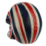 Side view of a Union Flag skull head decoration, featuring distressed red, white, and blue stripes.
