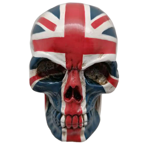 Front view of a skull head decoration, painted with the red, white, and blue Union Flag pattern, featuring detailed eye sockets, nose cavity, and teeth.